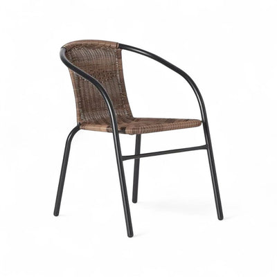 Gharnish Jupiter Prime outdoor chair with brown woven rope seat and backrest, black metal frame.
