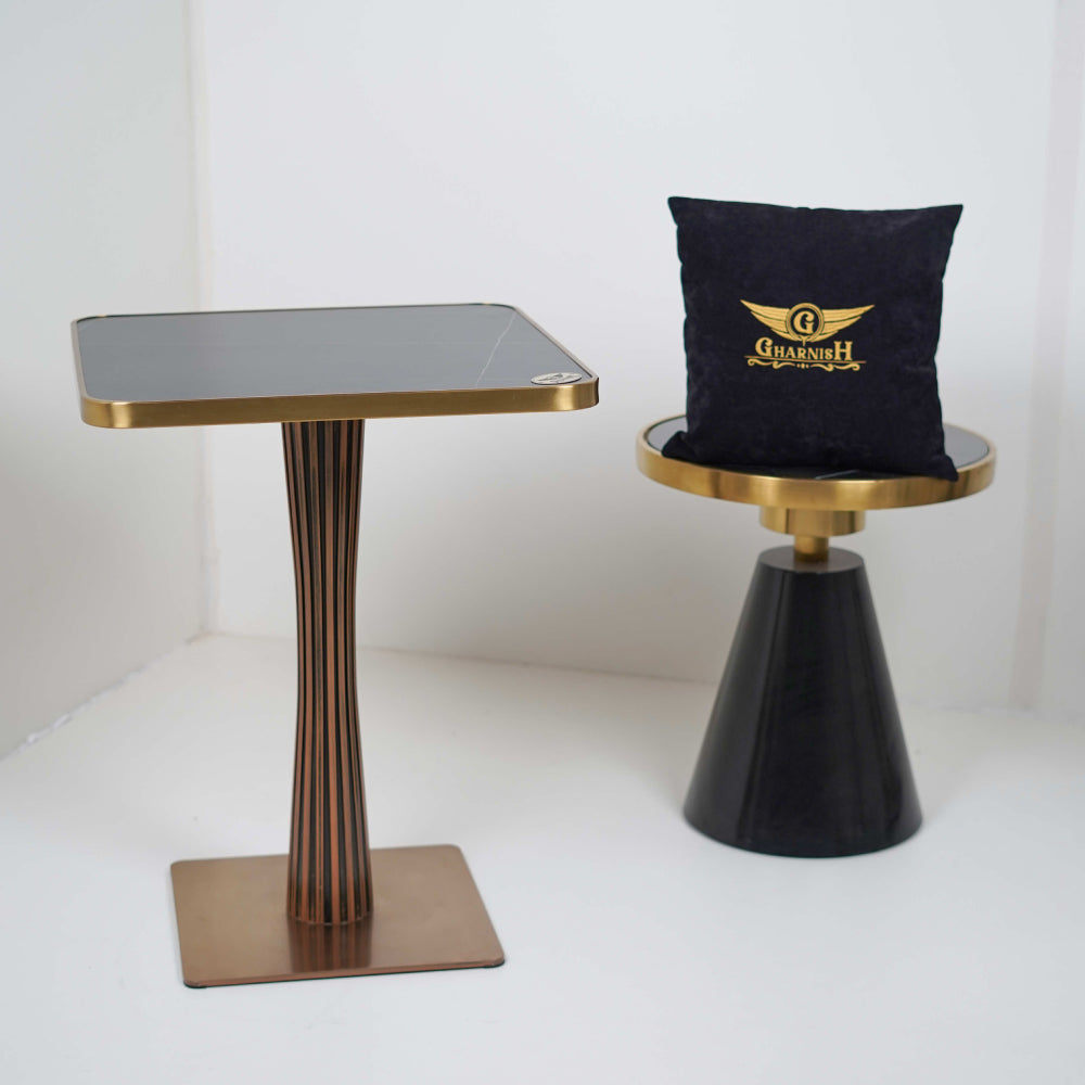 Golden Tree Single Pillar Table Base Tile Top With Gold Metal Edge Banding