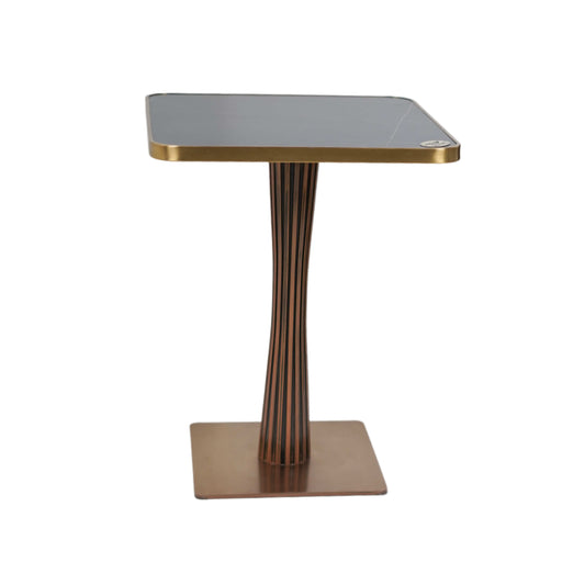 Golden Tree Single Pillar Table Base Tile Top With Gold Metal Edge Banding
