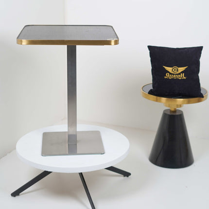 Icon SS Single Pillar Table Base Tile Top With Gold Metal Edge Banding