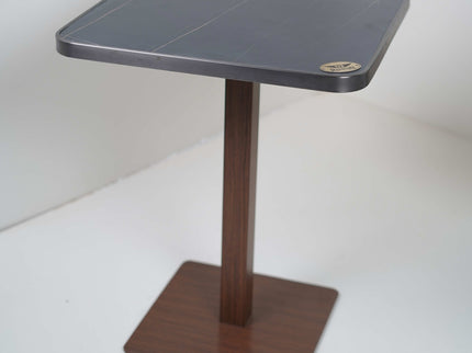 Wooden Texture Flat Table Base Tile Top With Grey Metal Edge Banding