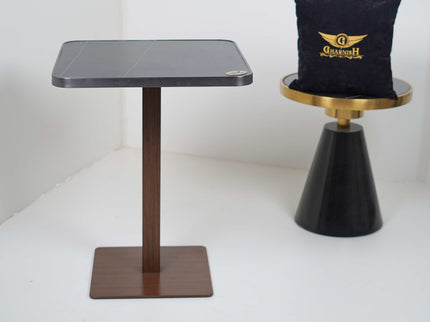 Wooden Texture Flat Table Base Tile Top With Grey Metal Edge Banding