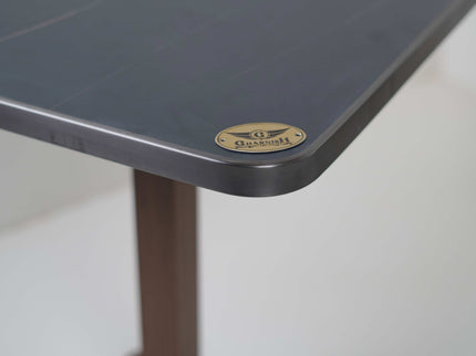 Wooden Texture Flat Table Base Tile Top With Grey Metal Edge Banding