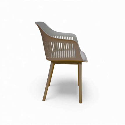 Gharnish Alpha restaurant chair in light beige, modern design with slatted back and seat, metal frame, suitable for commercial use.