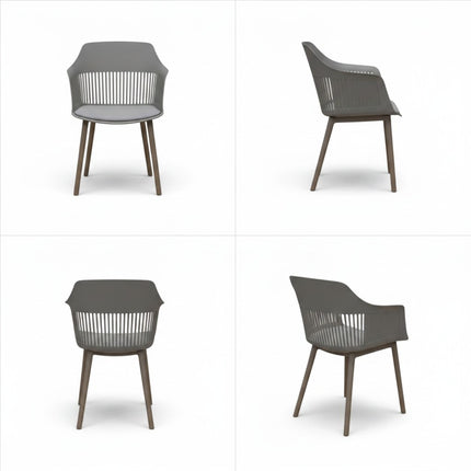 Gharnish Alpha restaurant chair in grey with a slatted back and grey seat cushion, on wooden legs.
