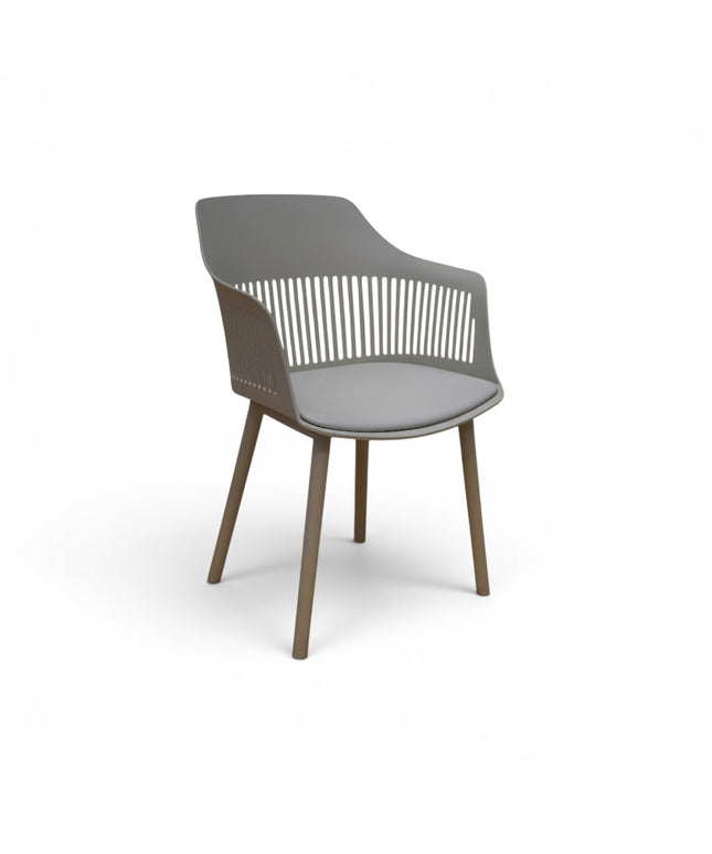 Gharnish Alpha restaurant chair in light grey with a slatted back and wooden legs, featuring an ergonomic seat.