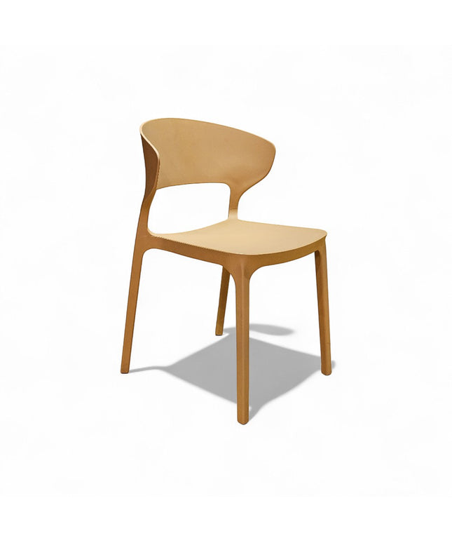 Gharnish Astra tan PVC chair with a modern, curved design and a cutout back. Ideal for cafes and restaurants.