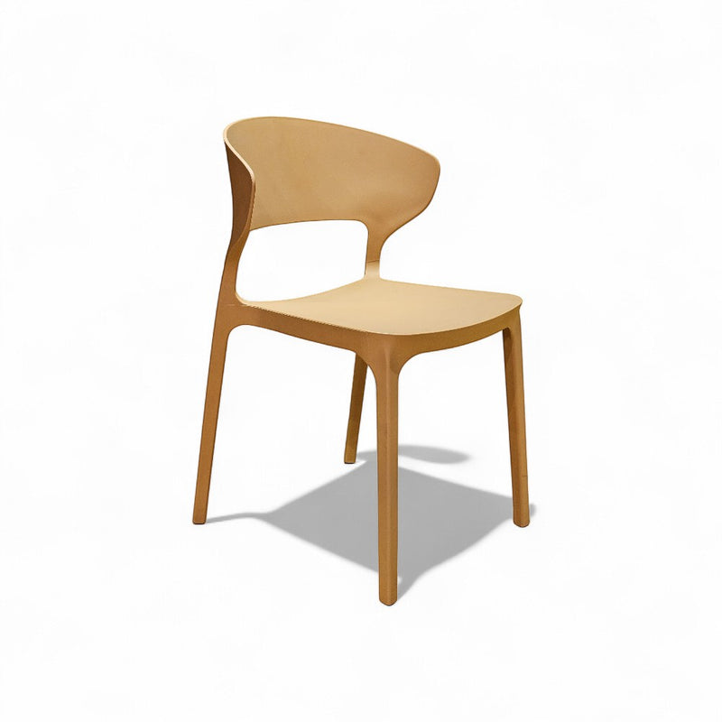 Gharnish Astra tan PVC chair with a modern, curved design and a cutout back. Ideal for cafes and restaurants.