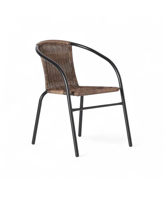Gharnish Jupiter Prime outdoor chair with brown woven rope seat and backrest, black metal frame.