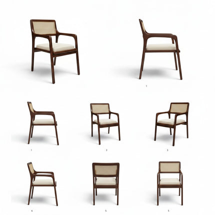 Gharnish Vanya Teakwood Cane Chair with natural cane back and seat, brown finish, and cream cushion.