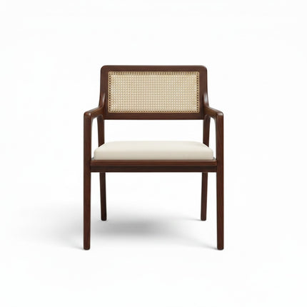 Gharnish Vanya Teakwood Cane Chair with natural cane back and cream seat, rich brown finish.